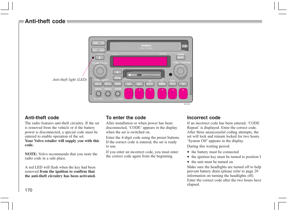 Anti-theft code, Incorrect code | Volvo 2005 C70 User Manual | Page 176 / 210