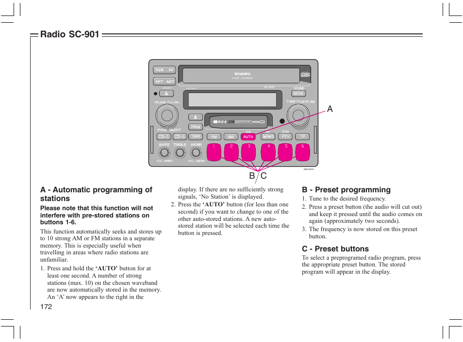 Radio sc-901, B c a, A - automatic programming of stations | B - preset programming, C - preset buttons | Volvo 2005 C70 User Manual | Page 178 / 210