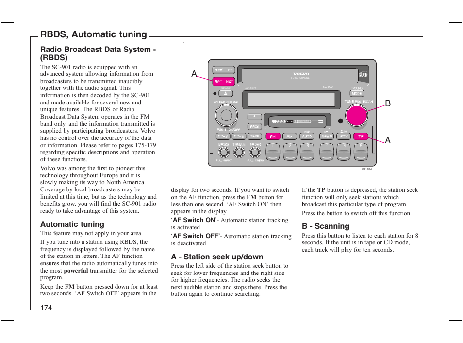 Rbds, automatic tuning, Radio broadcast data system - (rbds), Automatic tuning | A - station seek up/down, B - scanning | Volvo 2005 C70 User Manual | Page 180 / 210