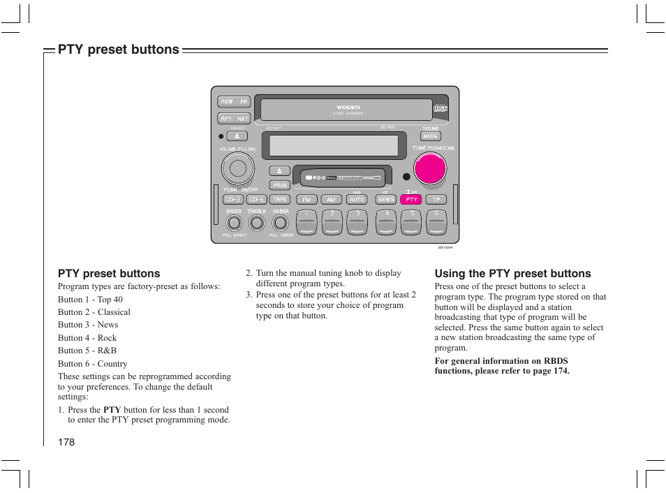 Pty preset buttons, Using the pty preset buttons | Volvo 2005 C70 User Manual | Page 184 / 210