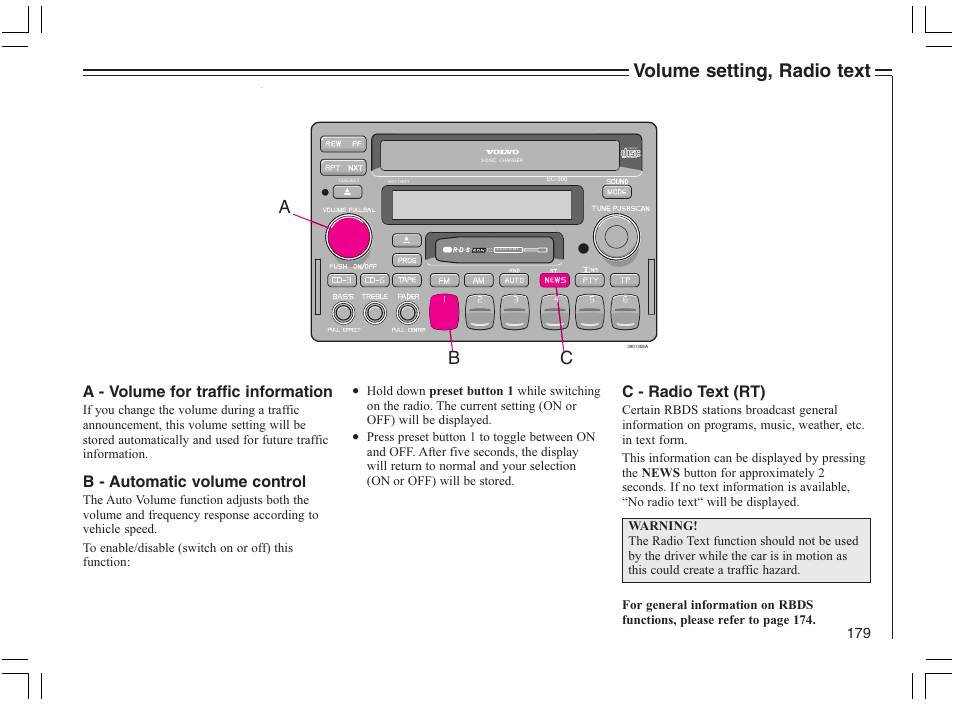 Volume setting, radio text, A - volume for traffic information, B - automatic volume control | C - radio text (rt) | Volvo 2005 C70 User Manual | Page 185 / 210
