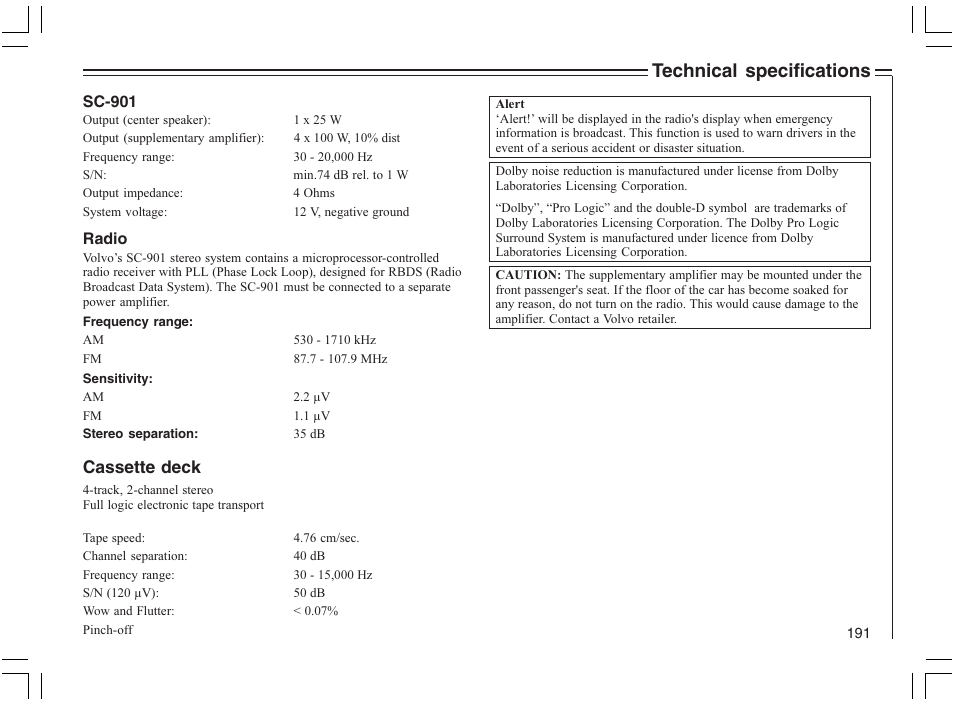 Technical specifications, Cassette deck | Volvo 2005 C70 User Manual | Page 197 / 210