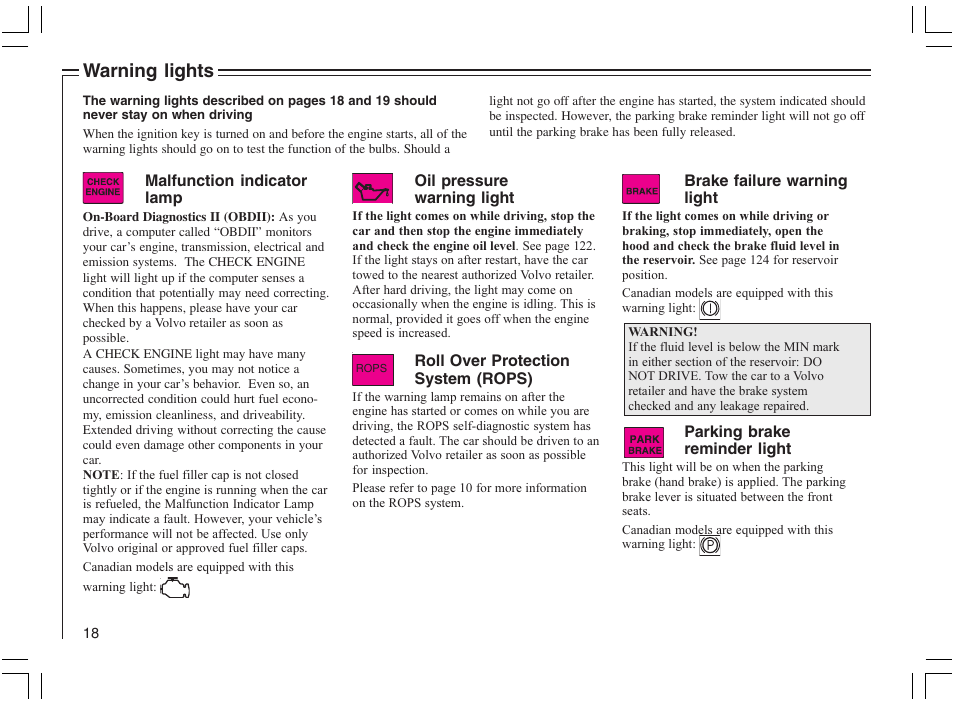 Warning lights | Volvo 2005 C70 User Manual | Page 24 / 210