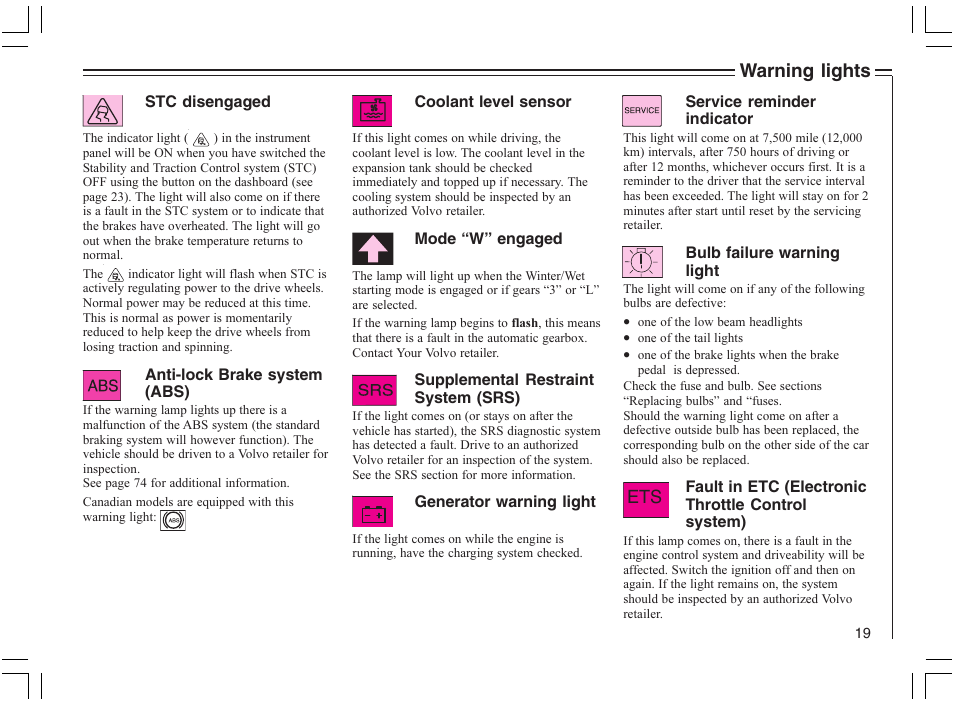 Warning lights | Volvo 2005 C70 User Manual | Page 25 / 210