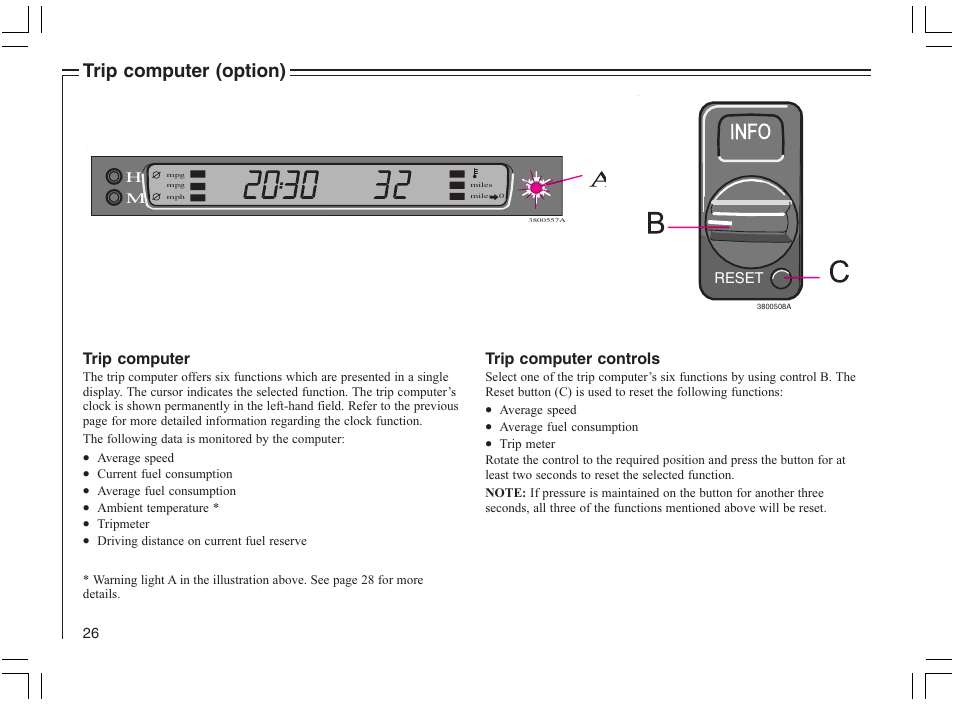 Trip computer (option), Trip computer, Trip computer controls | Volvo 2005 C70 User Manual | Page 32 / 210