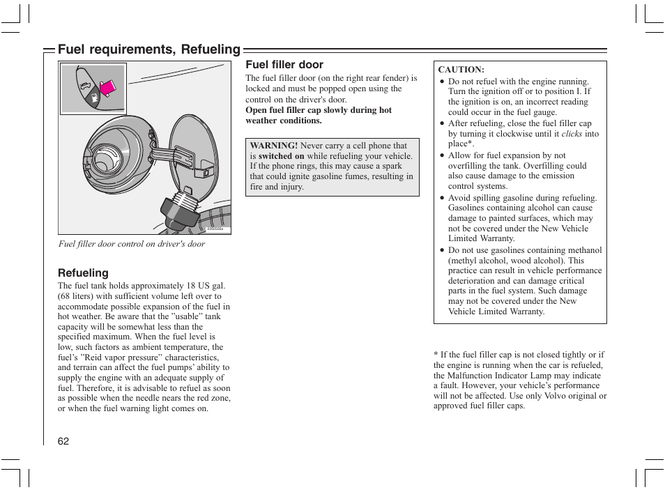 Fuel requirements, refueling | Volvo 2005 C70 User Manual | Page 68 / 210
