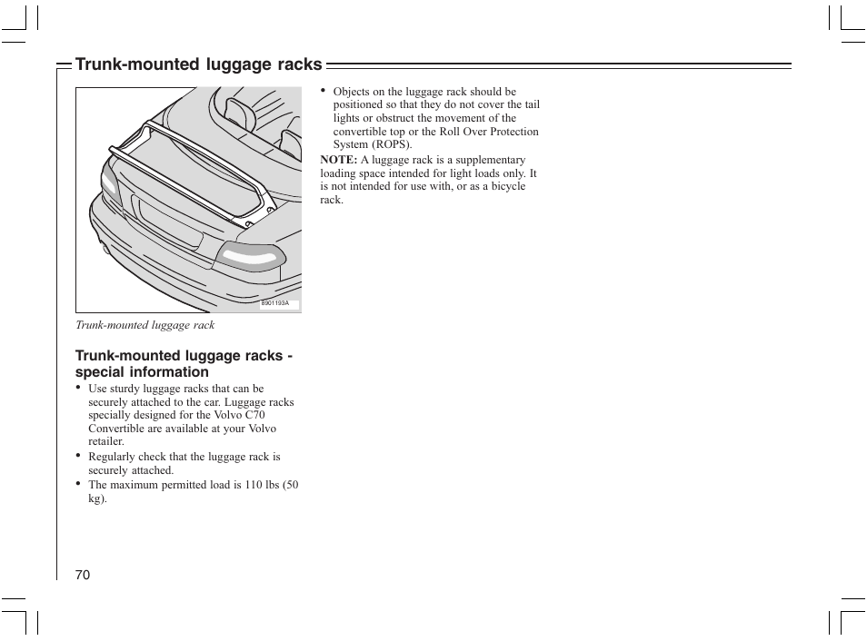 Trunk-mounted luggage racks | Volvo 2005 C70 User Manual | Page 76 / 210