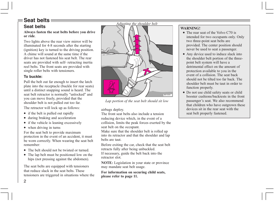 Seat belts | Volvo 2005 C70 User Manual | Page 8 / 210