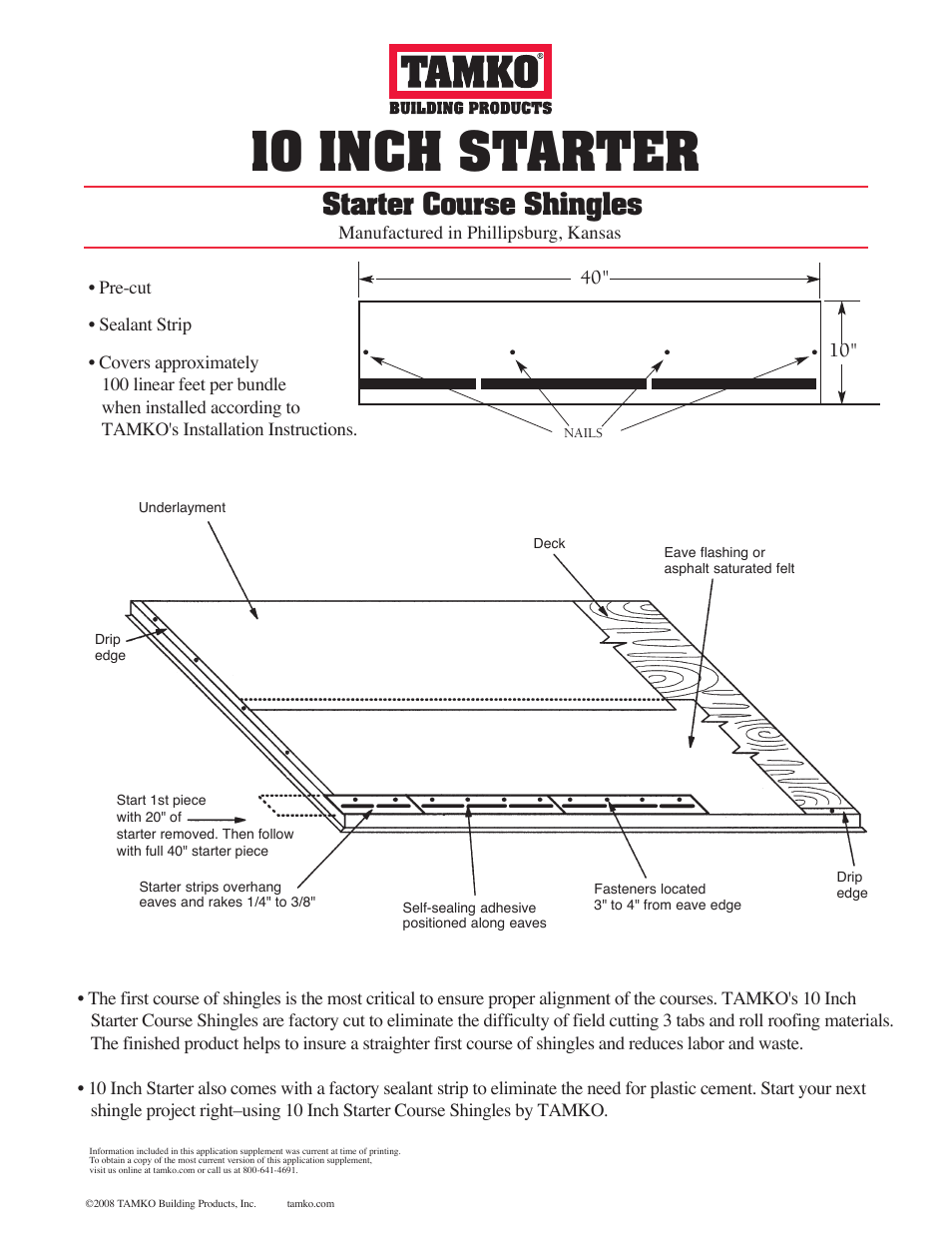 TAMKO 10 INCH STARTER User Manual | 1 page