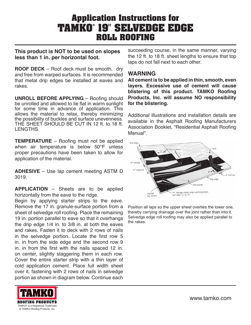 TAMKO 19" SELVEDGE EDGE User Manual | 2 pages