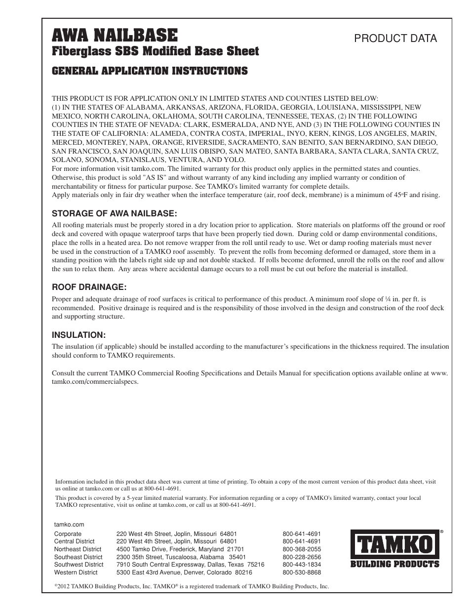 TAMKO AWA NAILBASE User Manual | 2 pages