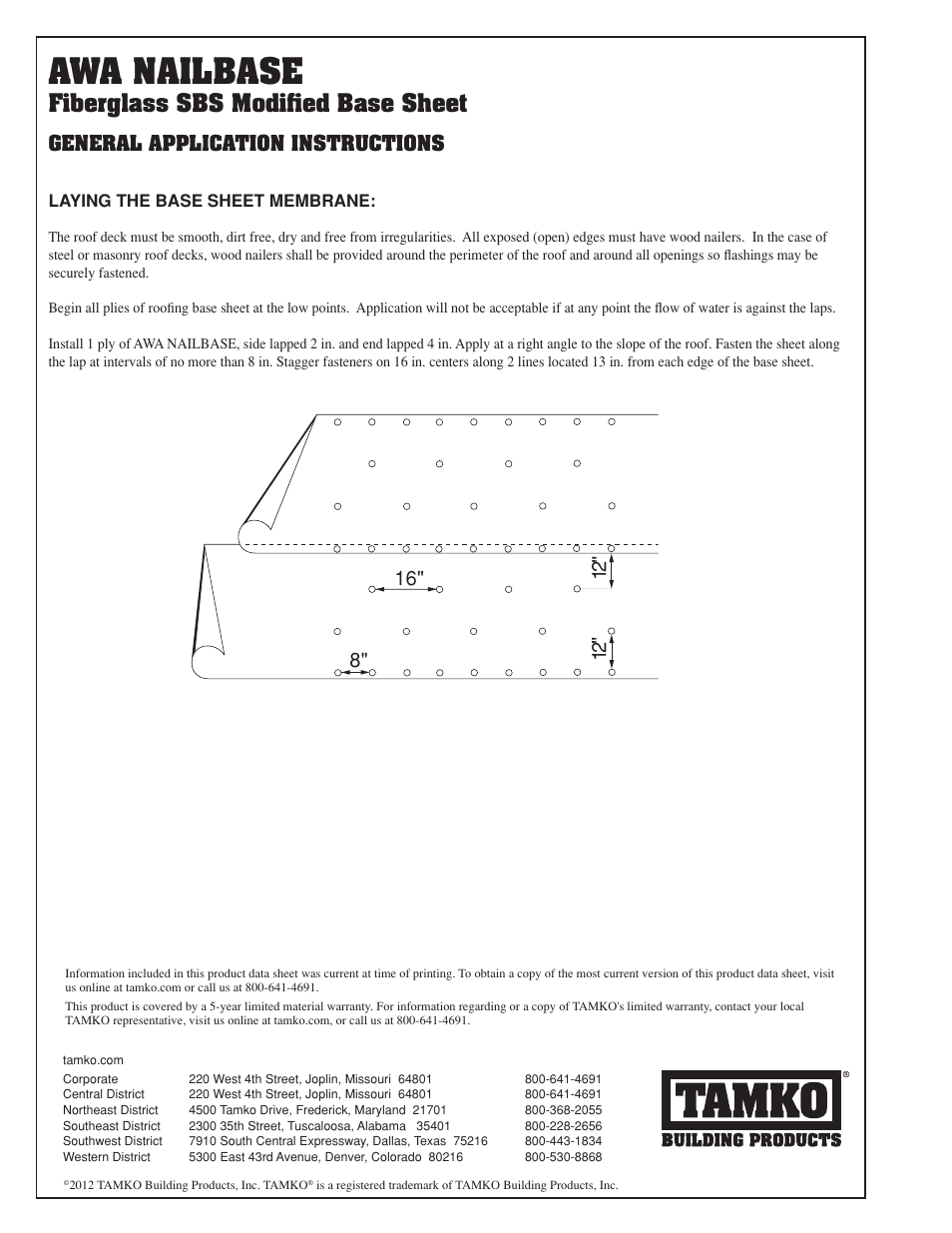 Awa nailbase, Fiberglass sbs modifi ed base sheet, General application instructions | TAMKO AWA NAILBASE User Manual | Page 2 / 2