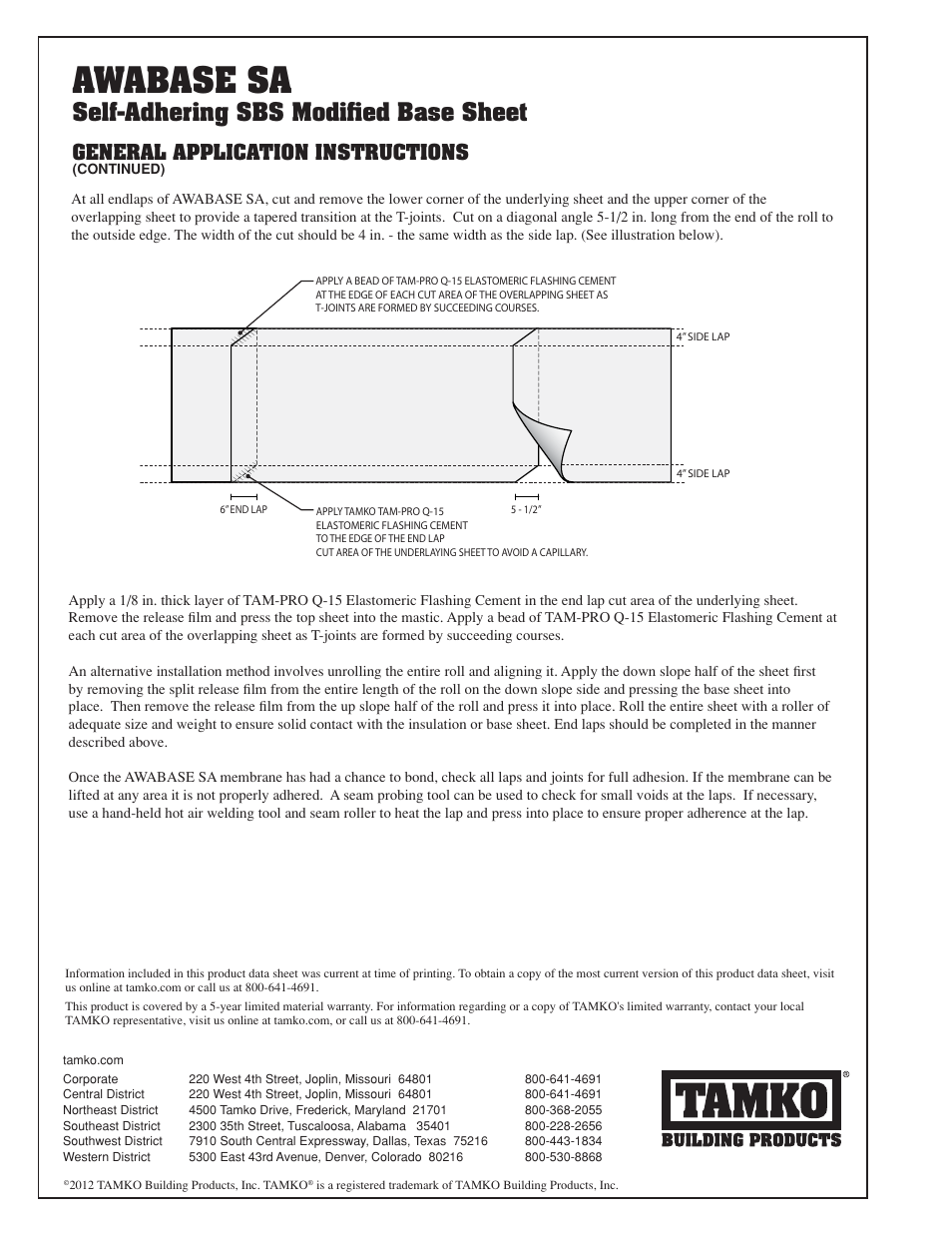 Awabase sa, Self-adhering sbs modifi ed base sheet, General application instructions | TAMKO AWABASE SA User Manual | Page 2 / 2