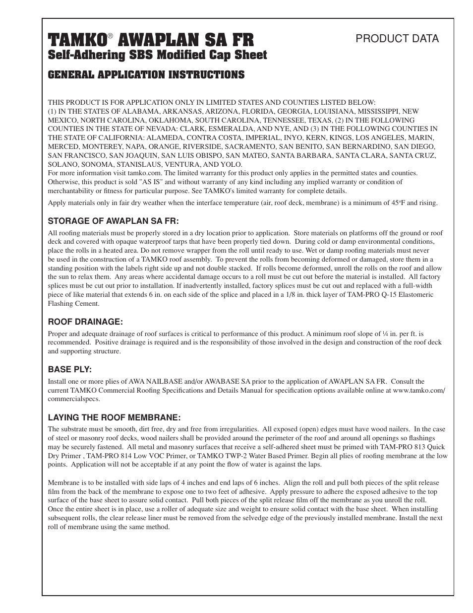 TAMKO AWAPLAN SA FR User Manual | 2 pages