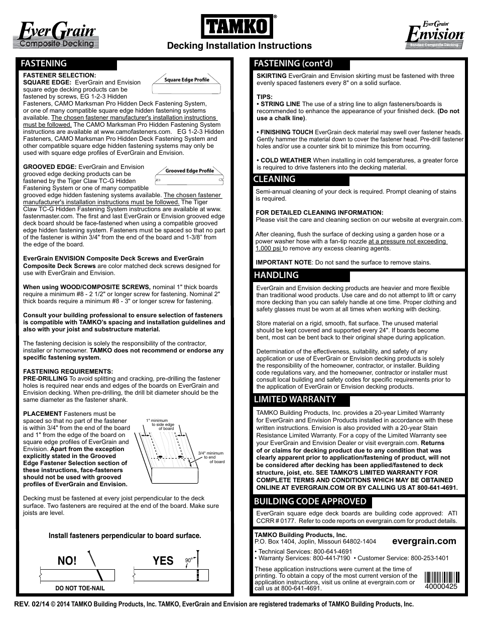 No! yes, Building code approved, Decking installation instructions | Limited warranty fastening, Handling, Fastening (cont'd), Cleaning | TAMKO ENVISION User Manual | Page 2 / 2