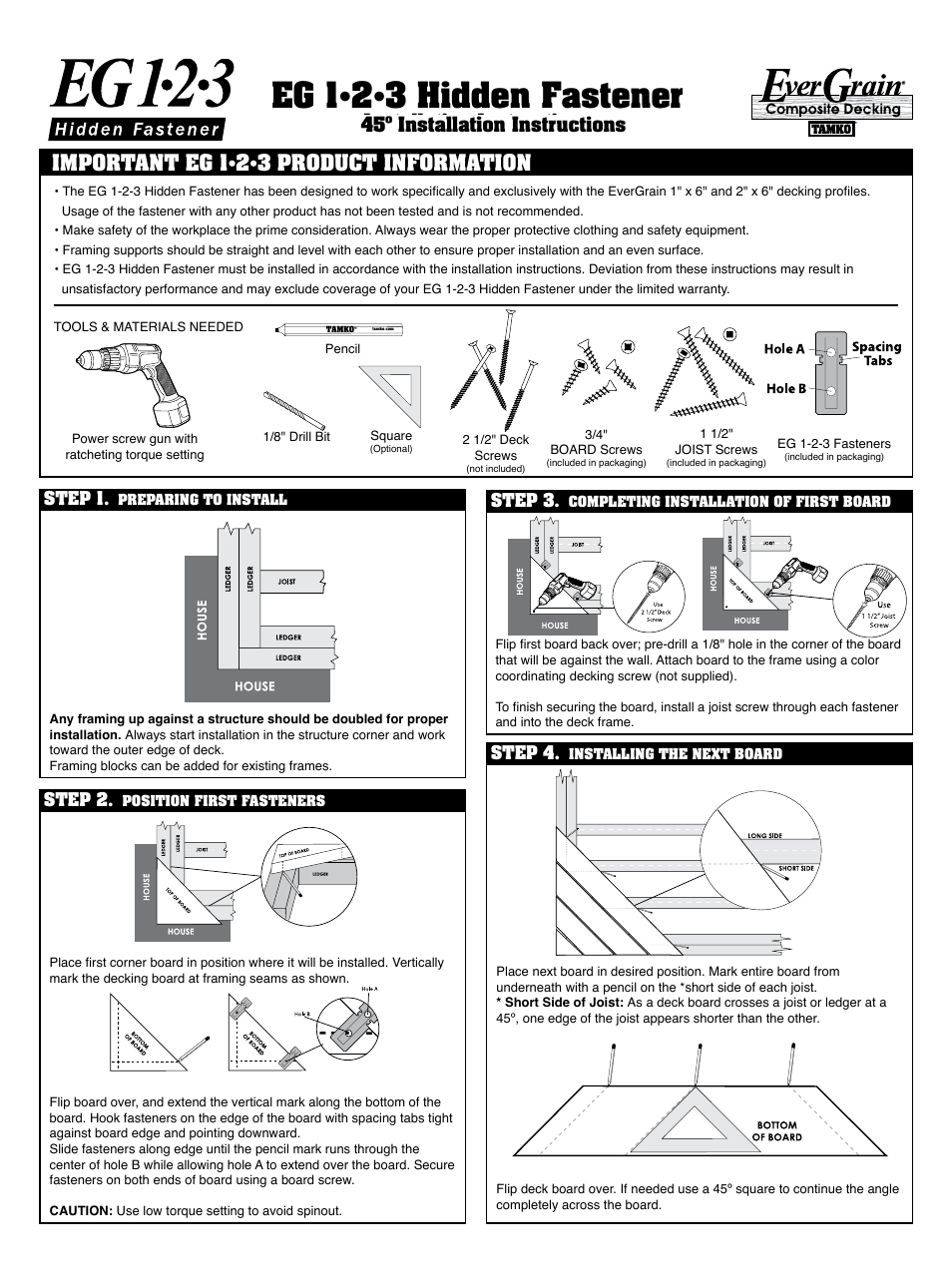Eg 1•2•3 hidden fastener, Important eg 1•2•3 product information, Installation instructions | 45º installation instructions | TAMKO Evergrain User Manual | Page 3 / 4