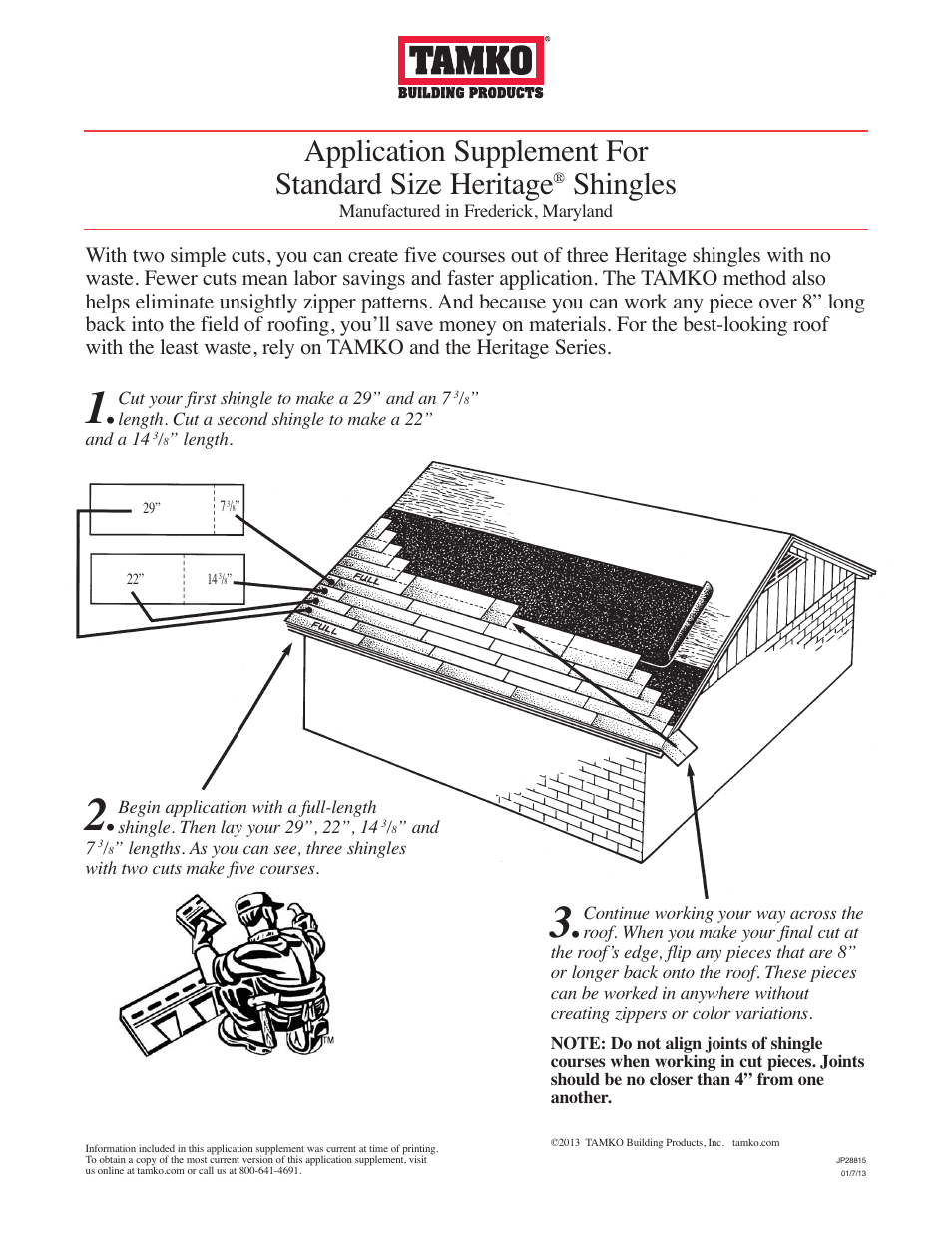 Application supplement for standard size heritage, Shingles | TAMKO HERITAGE User Manual | Page 2 / 2