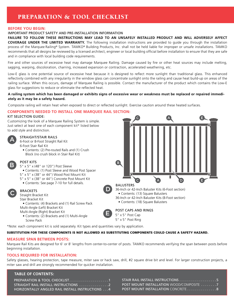 De c, Preparation & tool checklist | TAMKO Marquee Railing User Manual | Page 2 / 12