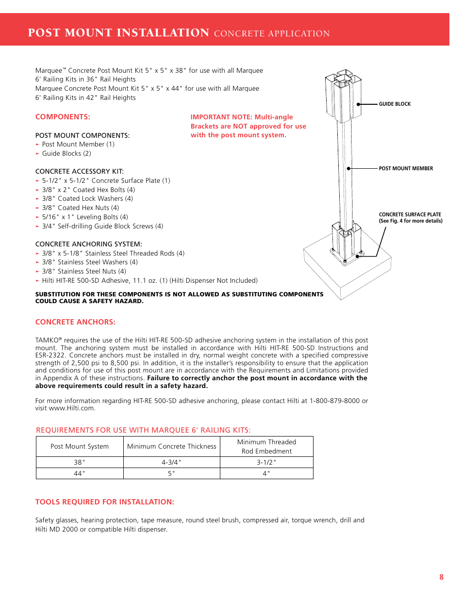 Post mount installation, Concrete application | TAMKO Marquee Railing User Manual | Page 9 / 12