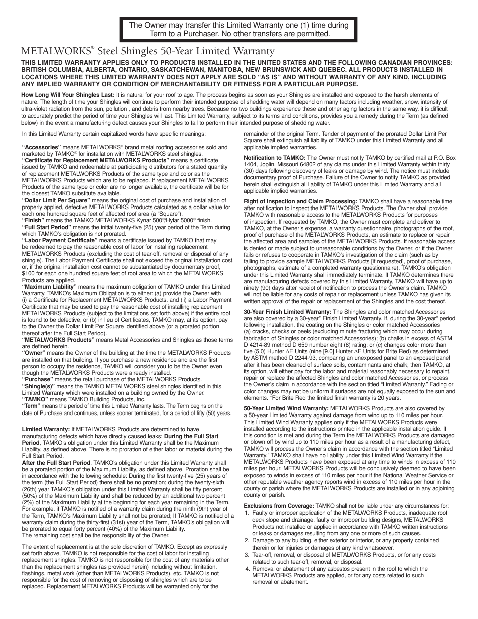 Metalworks, Steel shingles 50-year limited warranty | TAMKO MetalWorks User Manual | Page 7 / 8