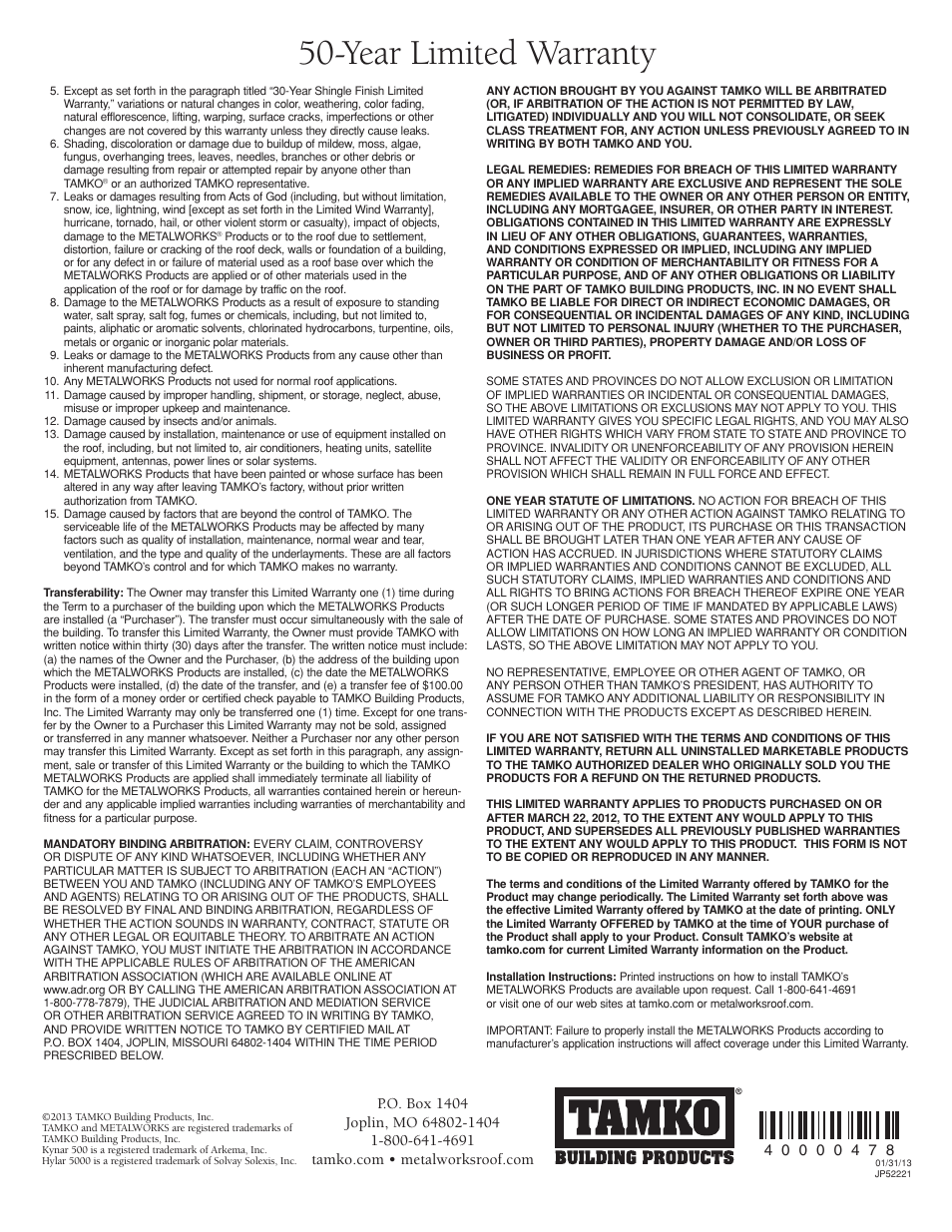 Year limited warranty | TAMKO MetalWorks User Manual | Page 8 / 8
