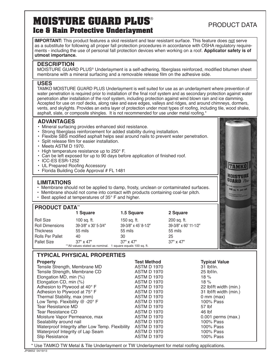 Moisture guard plus, Product data, Ice & rain protective underlayment | TAMKO Moisture Guard Plus User Manual | Page 3 / 3