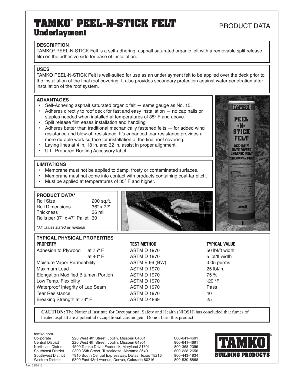Tamko, Peel‑n‑stick felt, Underlayment | Product data | TAMKO Peel-N-Stick Felt User Manual | Page 2 / 2