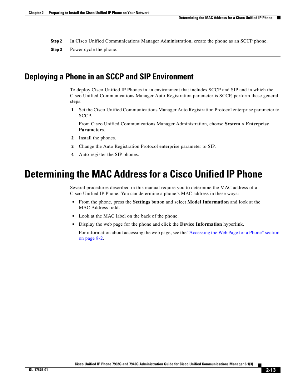 Deploying a phone in an sccp and sip environment, Determining the mac address for a cisco | Cisco IP Phone 7942G User Manual | Page 13 / 14