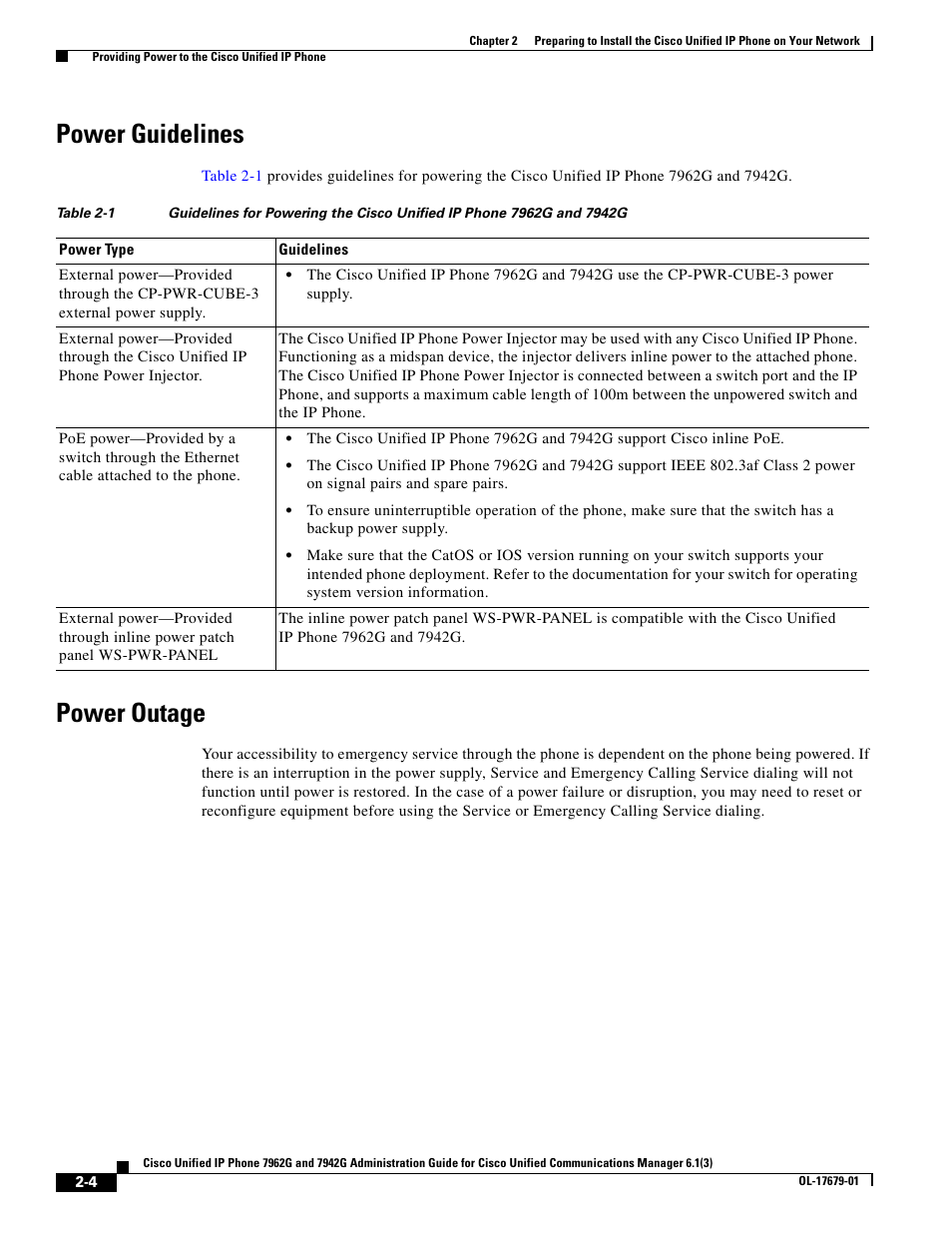 Power guidelines, Power outage | Cisco IP Phone 7942G User Manual | Page 4 / 14