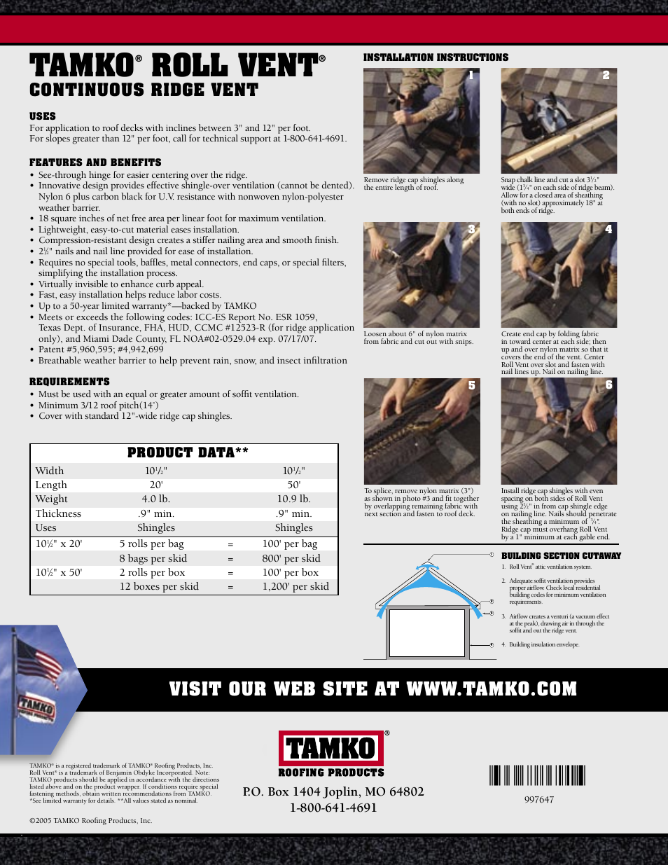 Tamko, Roll vent, Continuous ridge vent | Product data | TAMKO Roll Vent User Manual | Page 2 / 2