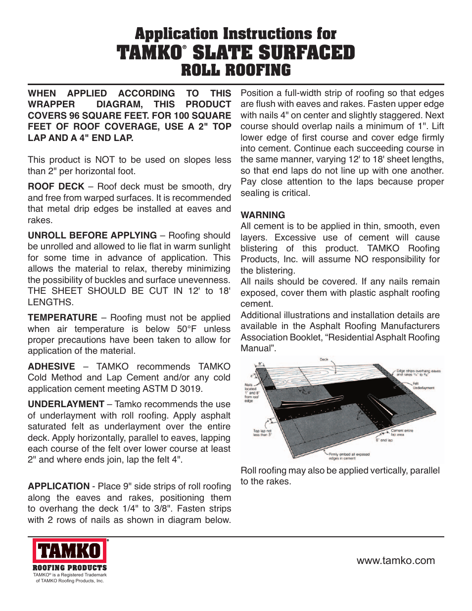 TAMKO Slate Surface Roll Roofing User Manual | 2 pages