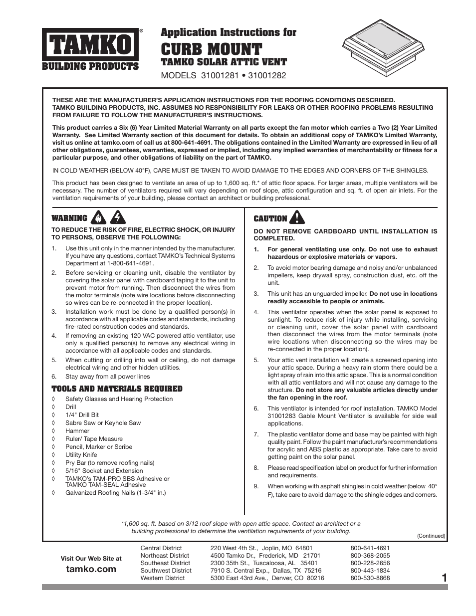 TAMKO Curb Mount User Manual | 8 pages