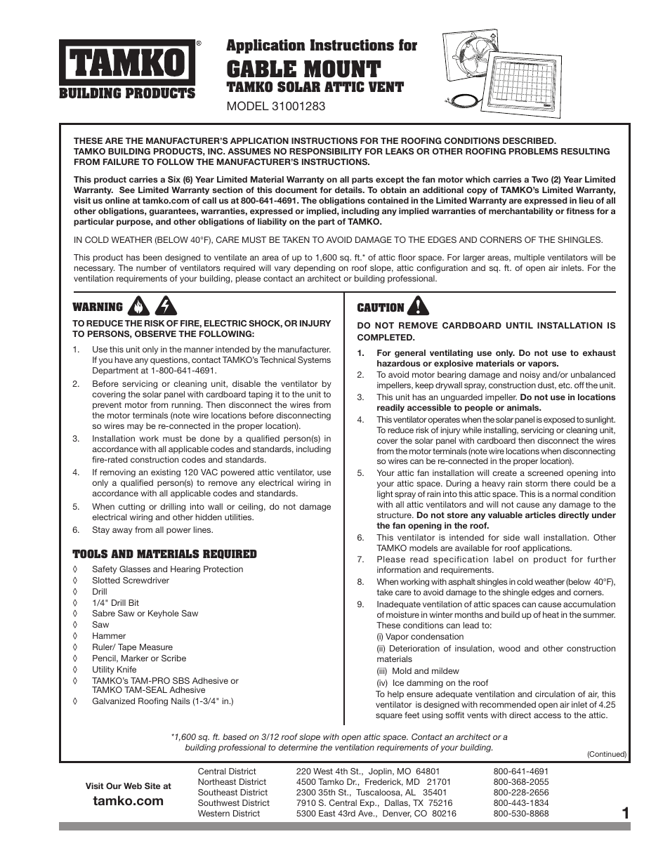 TAMKO GABLE MOUNT User Manual | 8 pages