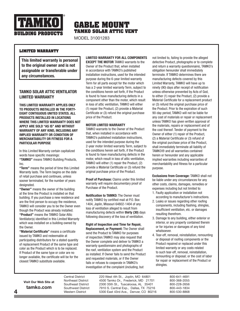 Gable mount | TAMKO GABLE MOUNT User Manual | Page 4 / 8