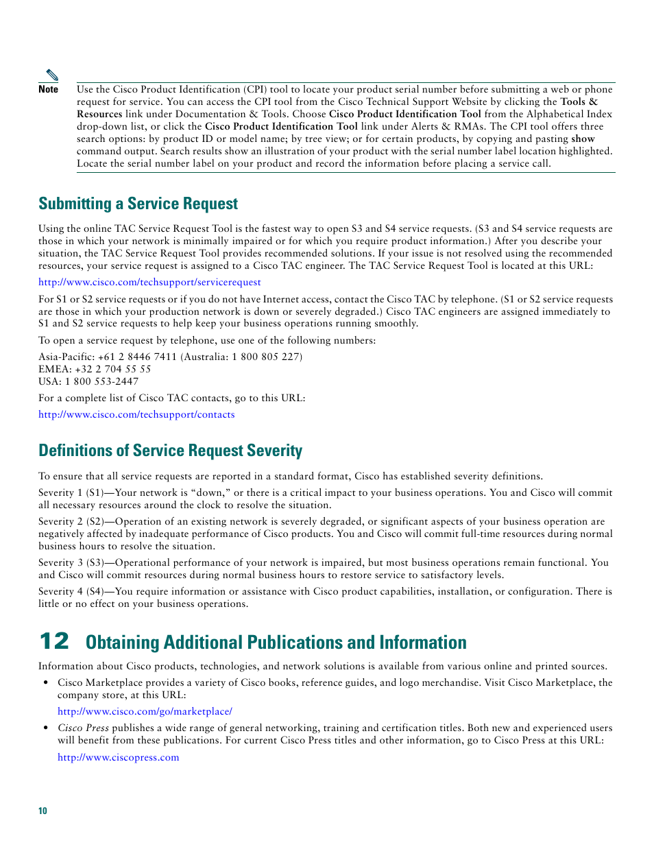 Submitting a service request, Definitions of service request severity, Obtaining additional publications and information | Cisco 1711 User Manual | Page 10 / 12