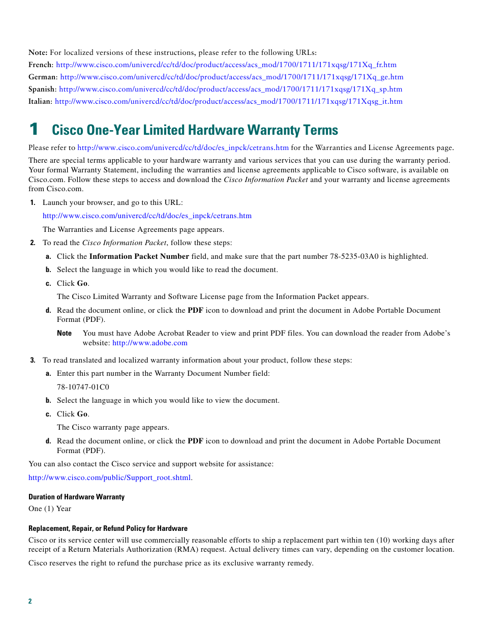 1 cisco one-year limited hardware warranty terms, Cisco one-year limited hardware warranty terms | Cisco 1711 User Manual | Page 2 / 12