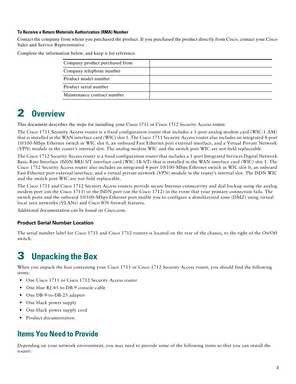 2 overview, 3 unpacking the box, Items you need to provide | Overview, Unpacking the box | Cisco 1711 User Manual | Page 3 / 12