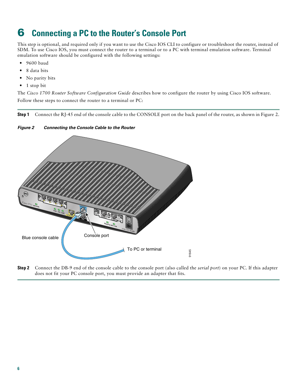 6 connecting a pc to the router’s console port, Connecting a pc to the router’s console port, Blue console cable to pc or terminal | See manu al befo re instal latio n, Console port | Cisco 1711 User Manual | Page 6 / 12