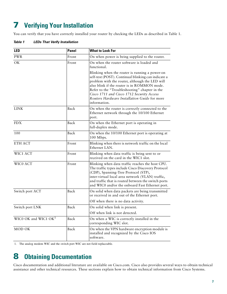 7 verifying your installation, 8 obtaining documentation, Verifying your installation | Obtaining documentation | Cisco 1711 User Manual | Page 7 / 12