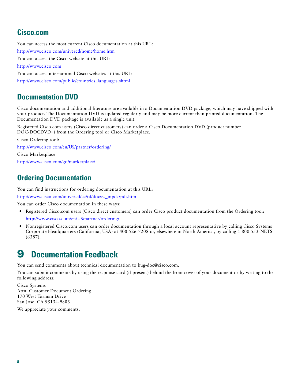 Cisco.com, Documentation dvd, Ordering documentation | 9 documentation feedback, Documentation feedback | Cisco 1711 User Manual | Page 8 / 12