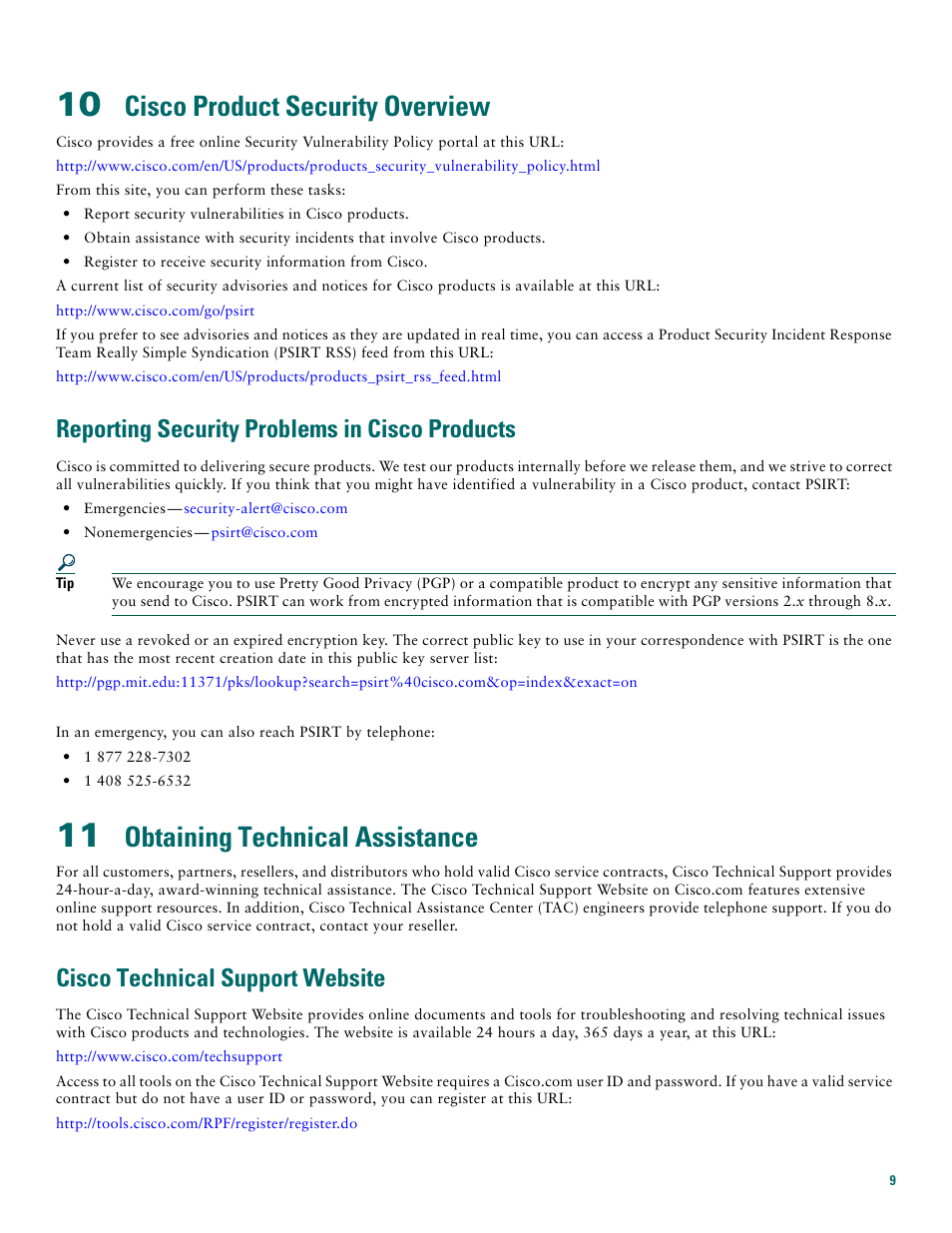 10 cisco product security overview, Reporting security problems in cisco products, 11 obtaining technical assistance | Cisco technical support website, Cisco product security overview, Obtaining technical assistance | Cisco 1711 User Manual | Page 9 / 12