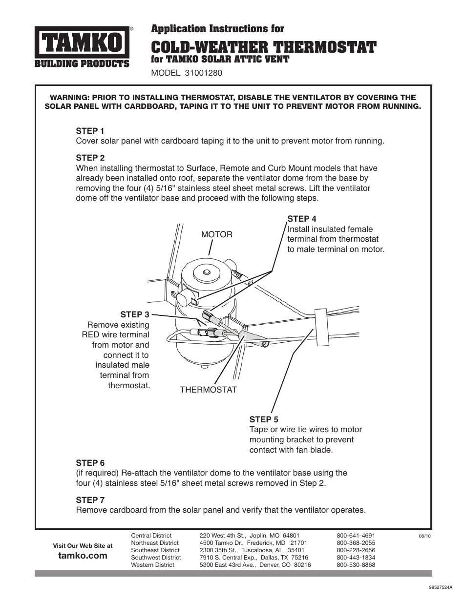 TAMKO Solar Attic Vent - Thermostat User Manual | 1 page