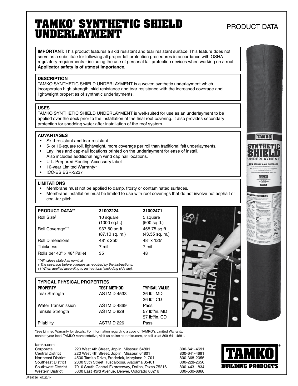 Tamko, Synthetic shield underlayment, Product data | TAMKO Synthetic Shield Underlayment User Manual | Page 2 / 2