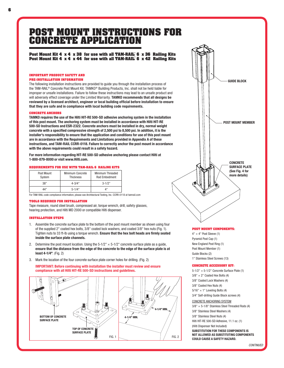 Post mount instructions for concrete application | TAMKO TAM-RAIL User Manual | Page 6 / 12