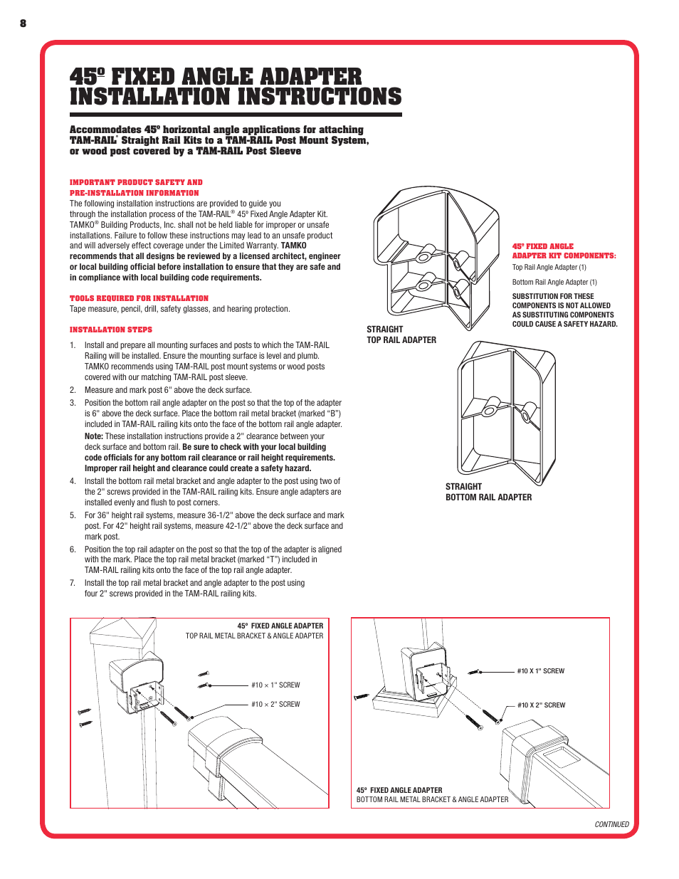 45º fixed angle adapter installation instructions | TAMKO TAM-RAIL User Manual | Page 8 / 12