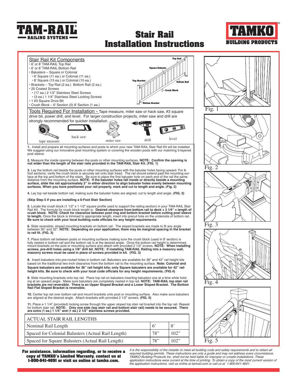 Tam-rail, Stair rail installation instructions | TAMKO TAM-RAIL User Manual | Page 2 / 8