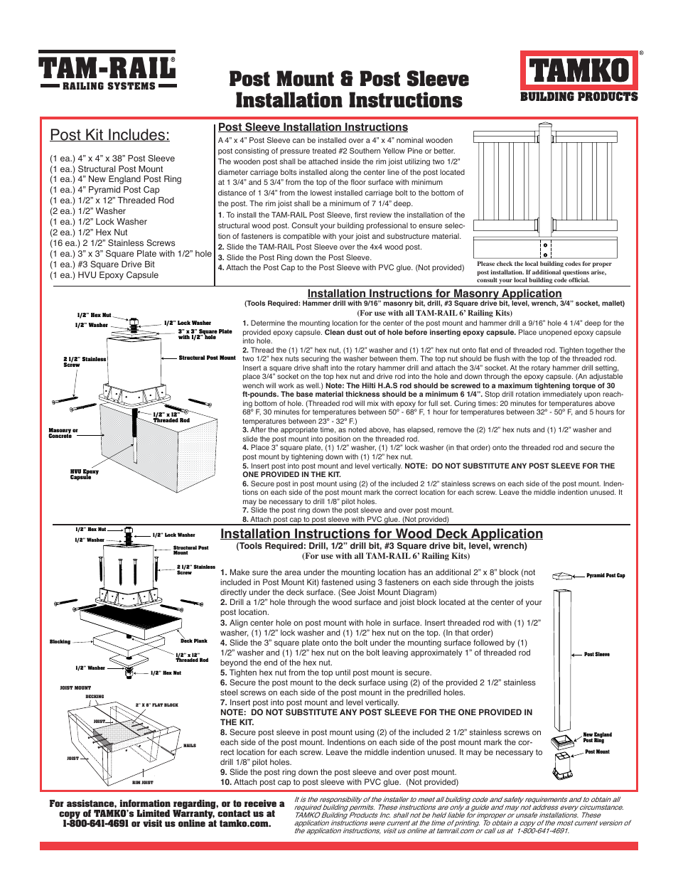 Tam-rail, Post mount & post sleeve installation instructions, Post kit includes | Post sleeve installation instructions, Installation instructions for masonry application | TAMKO TAM-RAIL User Manual | Page 3 / 8