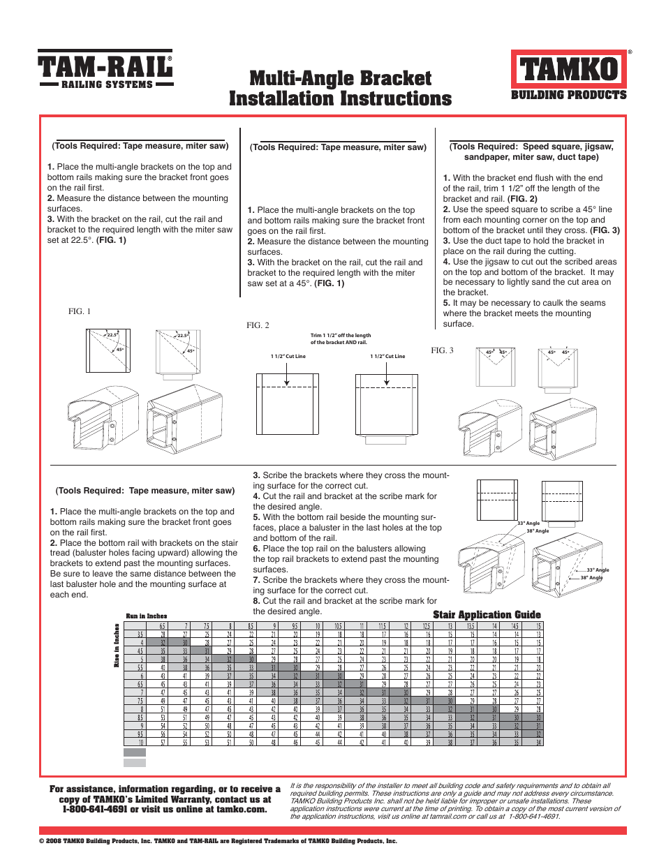 Tam-rail, Multi-angle bracket installation instructions, 5° angle application | 45° angle application, 45° corner application, 33° - 38° stair application | TAMKO TAM-RAIL User Manual | Page 4 / 8