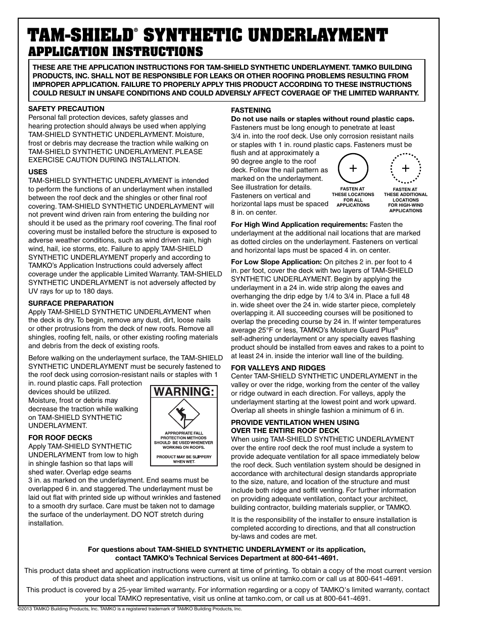 TAMKO Tam-Shield Synthetic Underlayment User Manual | 2 pages