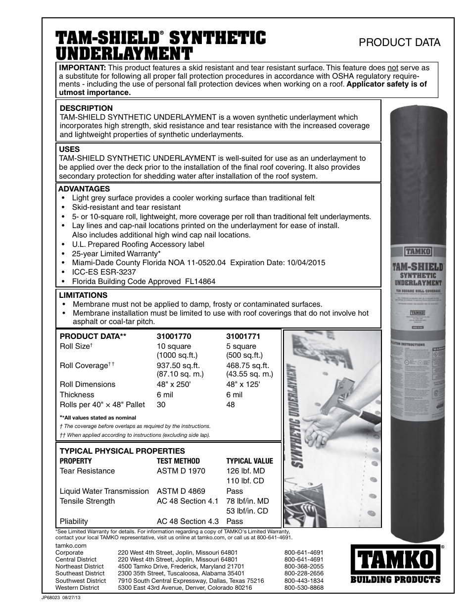 Tam‑shield, Synthetic underlayment, Product data | TAMKO Tam-Shield Synthetic Underlayment User Manual | Page 2 / 2